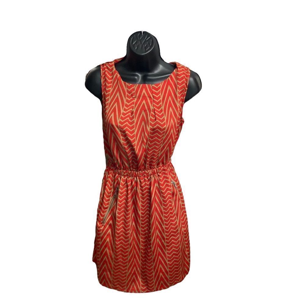 PINKY Women’s Orange & Tan‎ Geometric Sleeveless Pull -On Dress Size Small